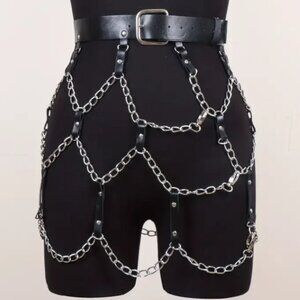 Chain Fringe Skirt PU Leather Adjustable Belt Gothic Hollow Black Rivet Harness